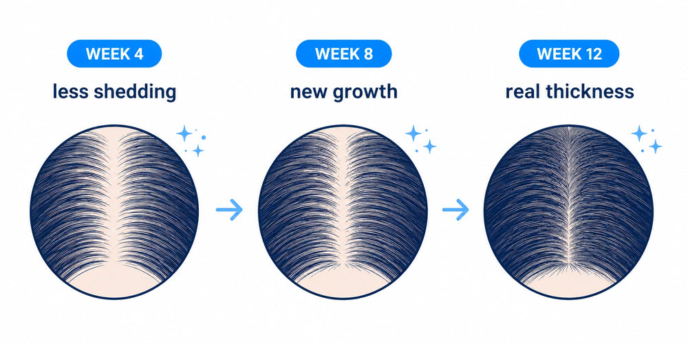7. What to Expect: Less Shedding by Week 4, New Growth by Week 8, Thickness by Week 12